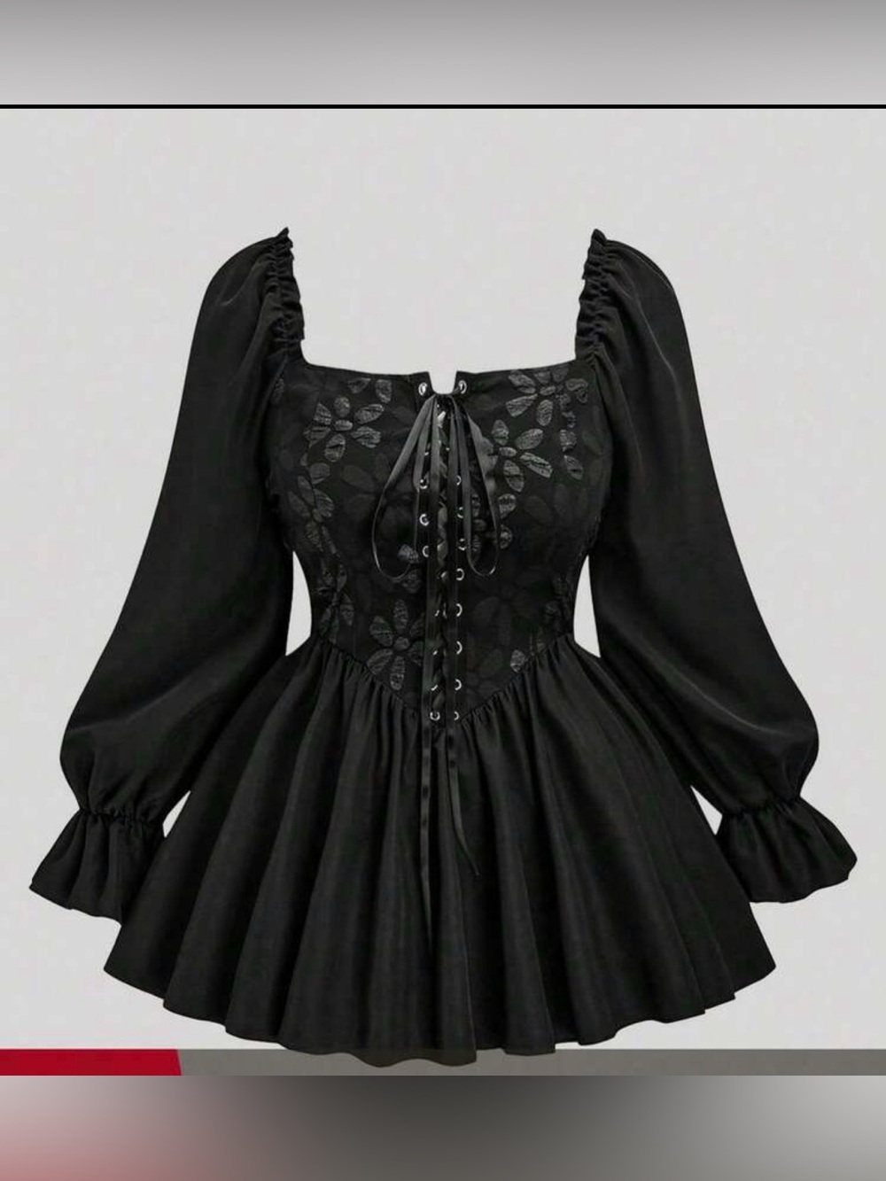 SHEINCurve+ Black Lace-Up Puff Sleeve Corset Top